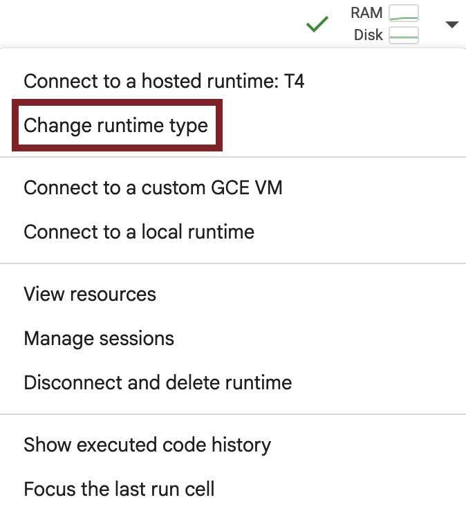 Colab runtime type dropdown